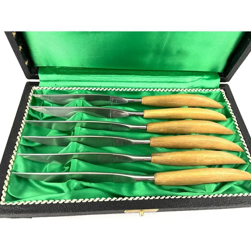 VTG Set of 6 Peaso Solingen‎ Stainless Steel Steak Knives Wooden Handles